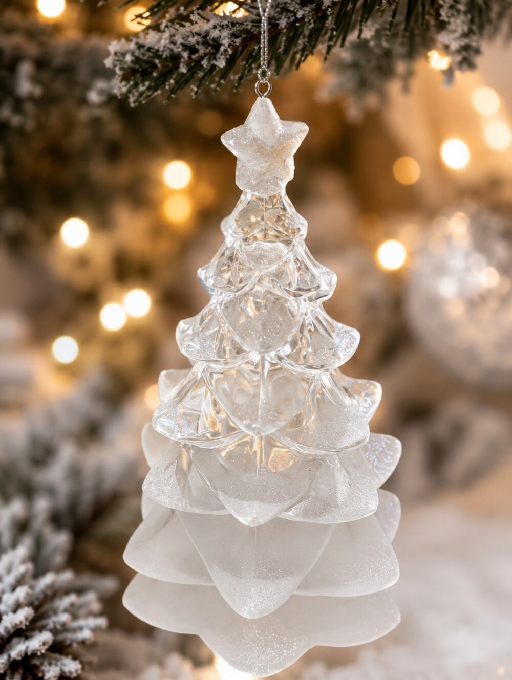 Vintage Frosted Christmas Tree Ornament Clear Acrylic Winter Wonderland Decor 4"
